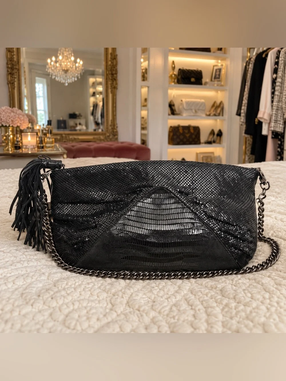 Whiting & Davis Black Metal Mesh Convertible Chain Clutch Bag